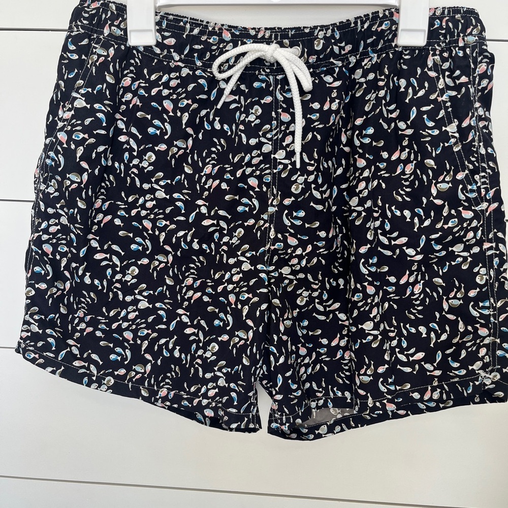 J. Crew Navy Swim Trunks with Colorful Pattern